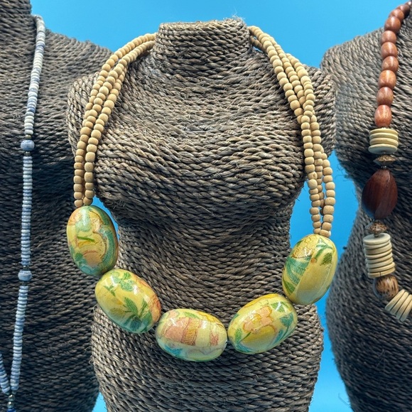 Three Unique Wooden Beaded Necklaces. Sold As One Lot.  Boho Jewelery. - Picture 2 of 10